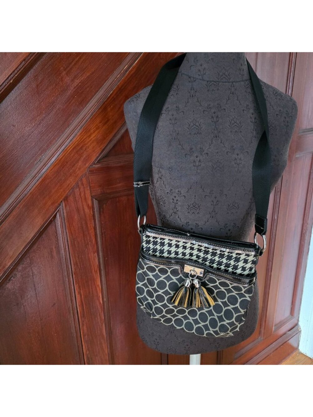 Nine West Black & Beige Crossbody Bag With Tassels & Houndstooth Pattern